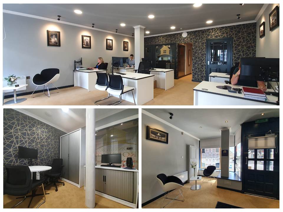 Glasgow Office refurbishment for Estate Agent includes open plan office, reception area and manger's office, in monochrome and gold, designed around the business brand colours.